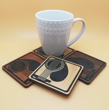 Engraved Wood Square Coaster Set: Guitar