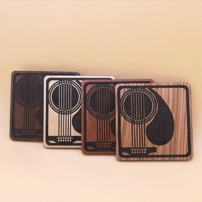 Engraved Wood Square Coaster Set: Guitar