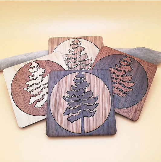 Wood Inlay Square Coaster Set: Pine Tree