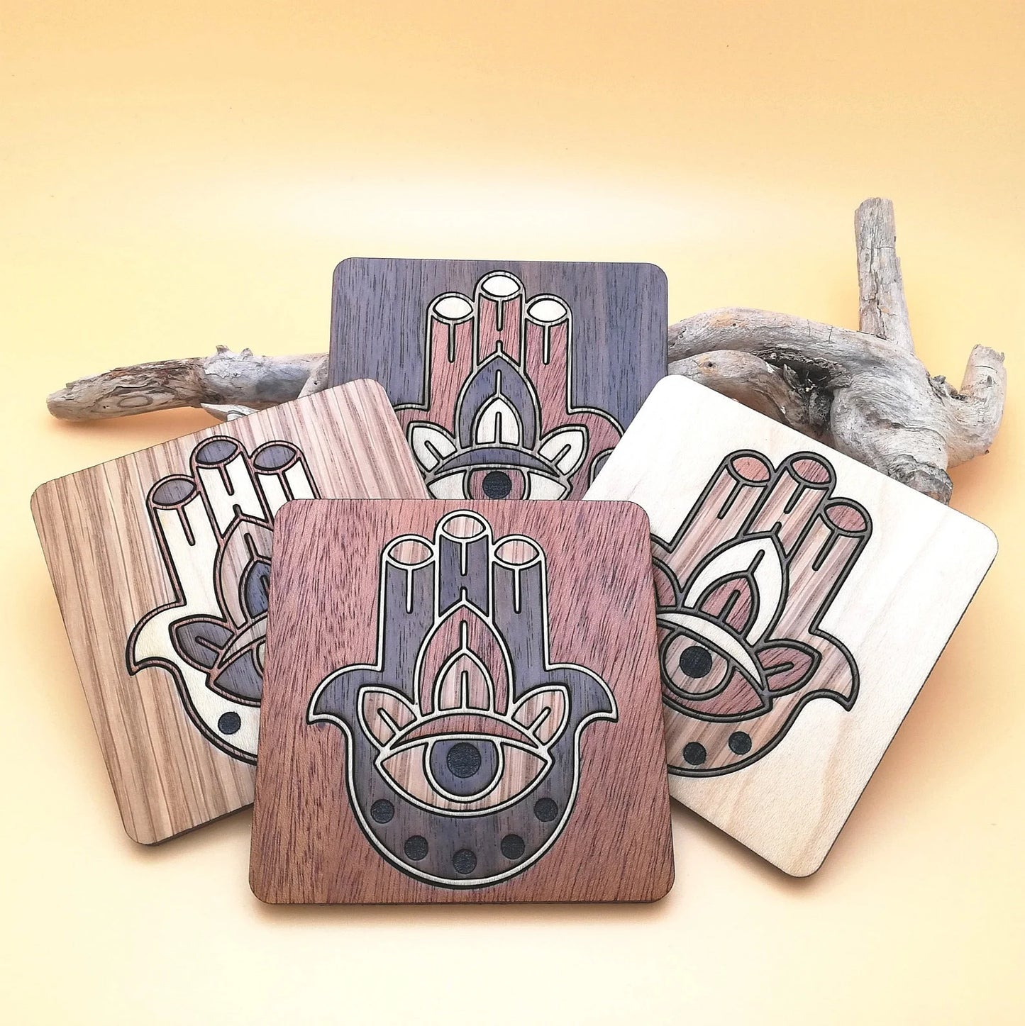 Wood Inlay Square Coaster Set: Hamsa