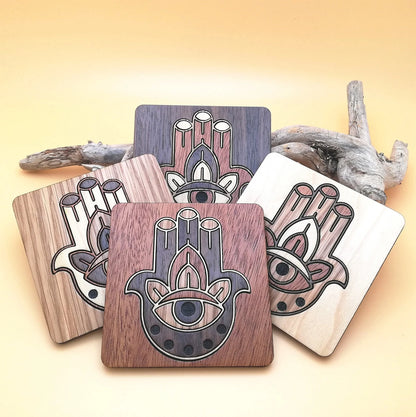 Wood Inlay Square Coaster Set: Hamsa