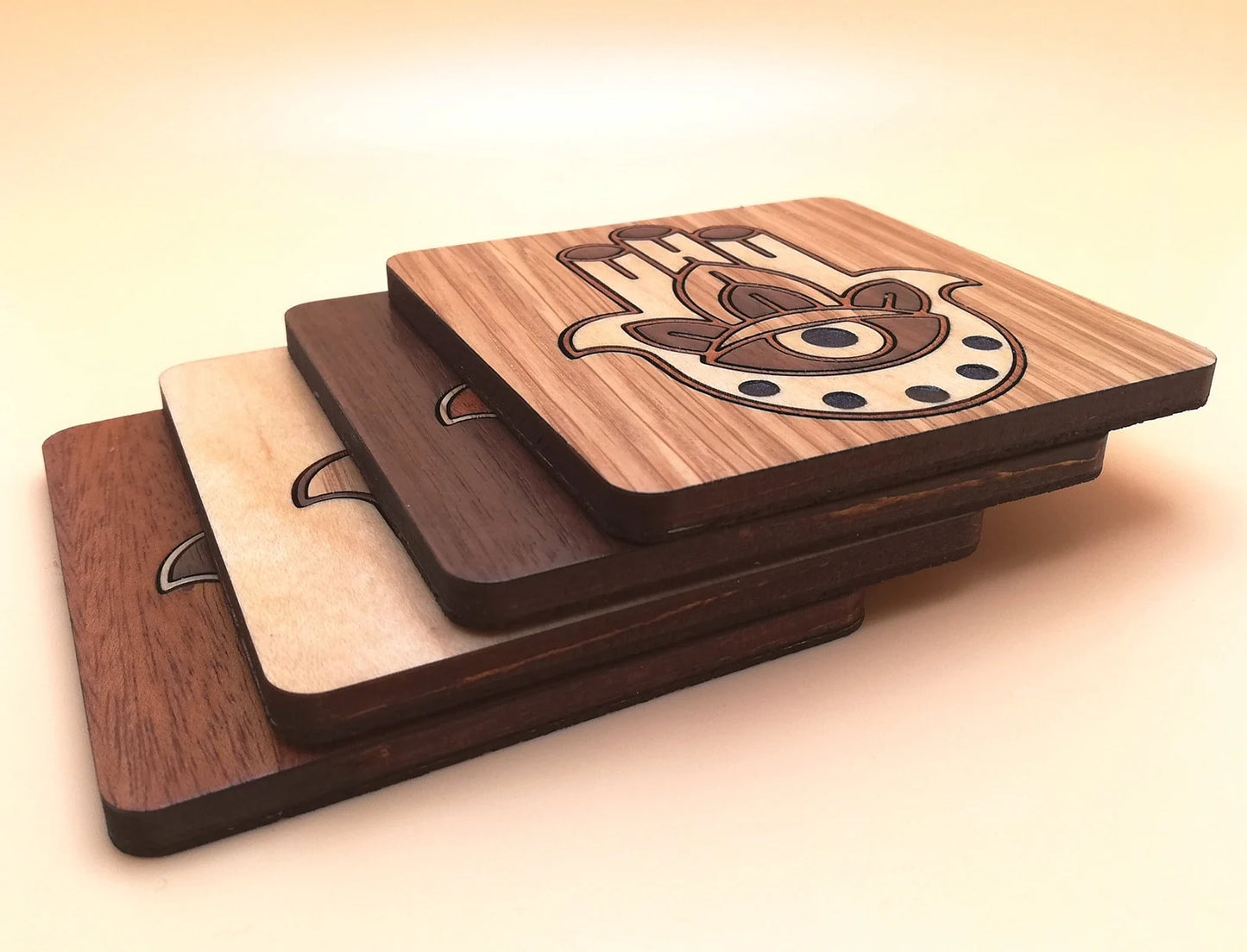 Wood Inlay Square Coaster Set: Hamsa