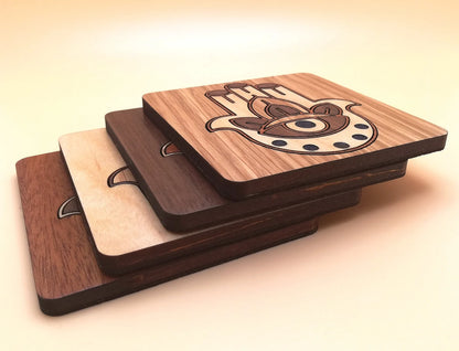 Wood Inlay Square Coaster Set: Hamsa