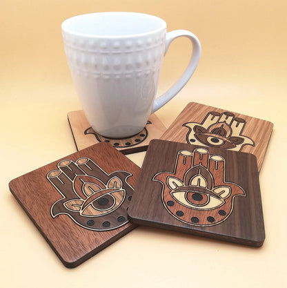 Wood Inlay Square Coaster Set: Hamsa