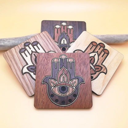 Wood Inlay Square Coaster Set: Hamsa