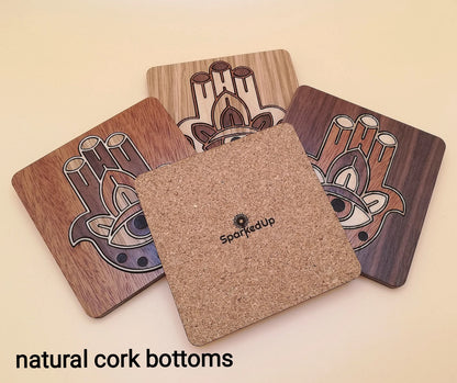 Wood Inlay Square Coaster Set: Hamsa
