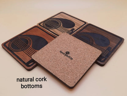 Engraved Wood Square Coaster Set: Guitar