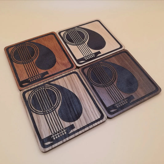 Engraved Wood Square Coaster Set: Guitar