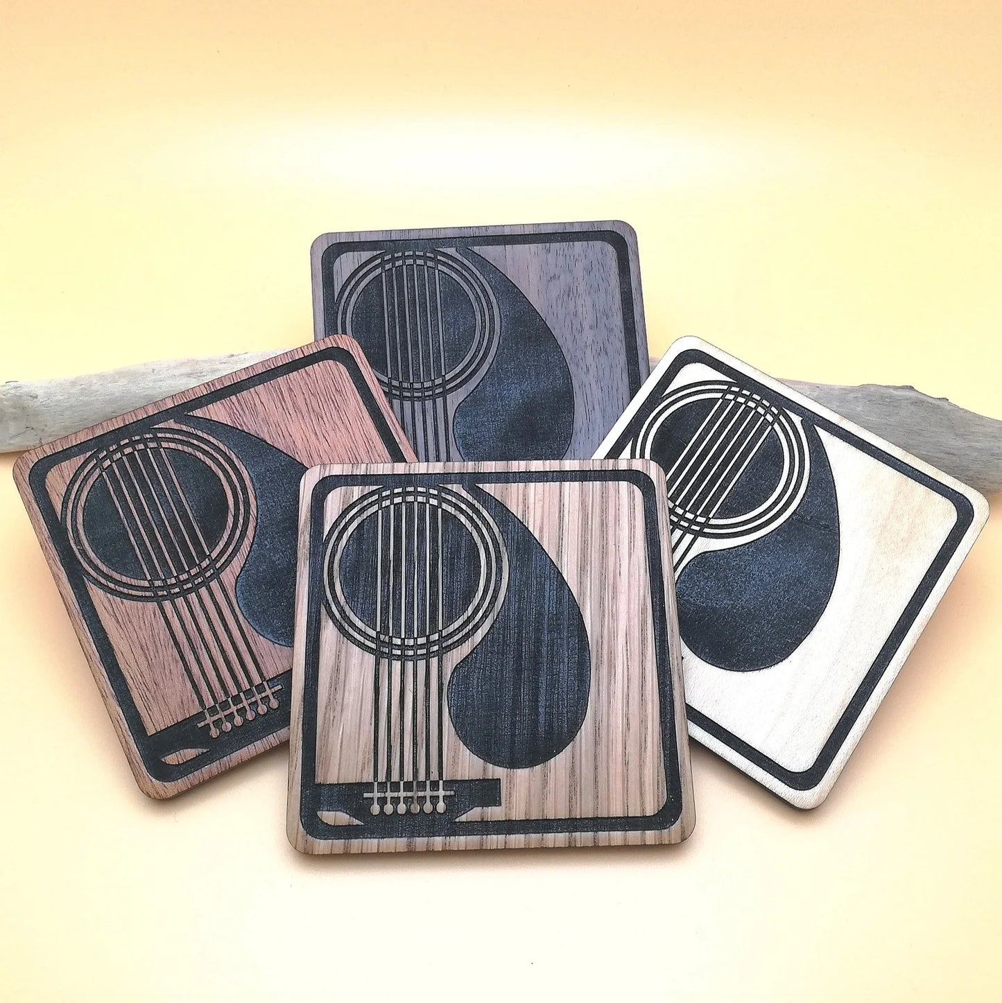 Engraved Wood Square Coaster Set: Guitar