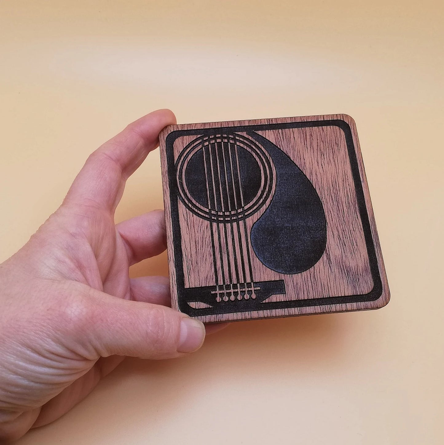 Engraved Wood Square Coaster Set: Guitar