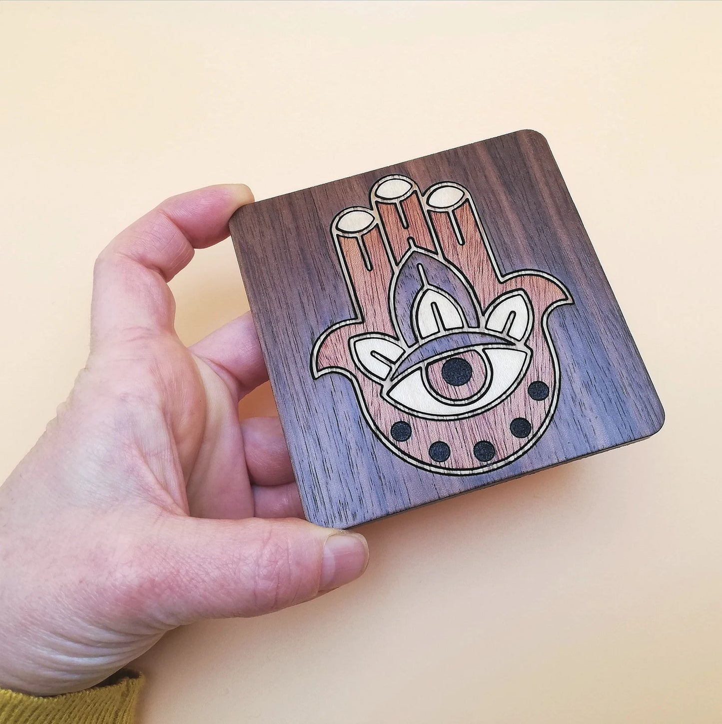 Wood Inlay Square Coaster Set: Hamsa