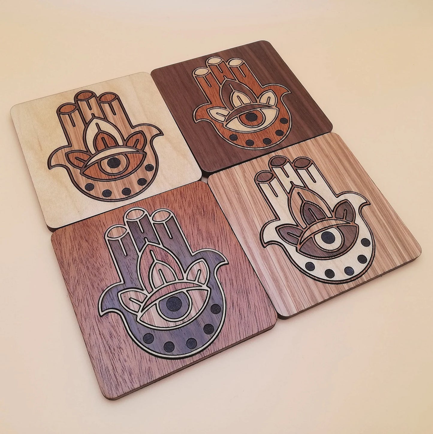 Wood Inlay Square Coaster Set: Hamsa