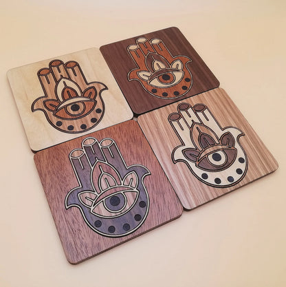 Wood Inlay Square Coaster Set: Hamsa
