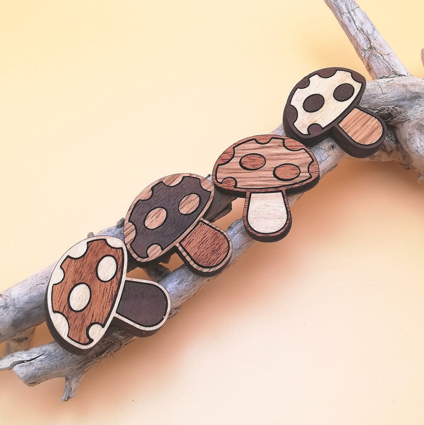 Wood Inlay Fridge Magnet Set: Mushrooms