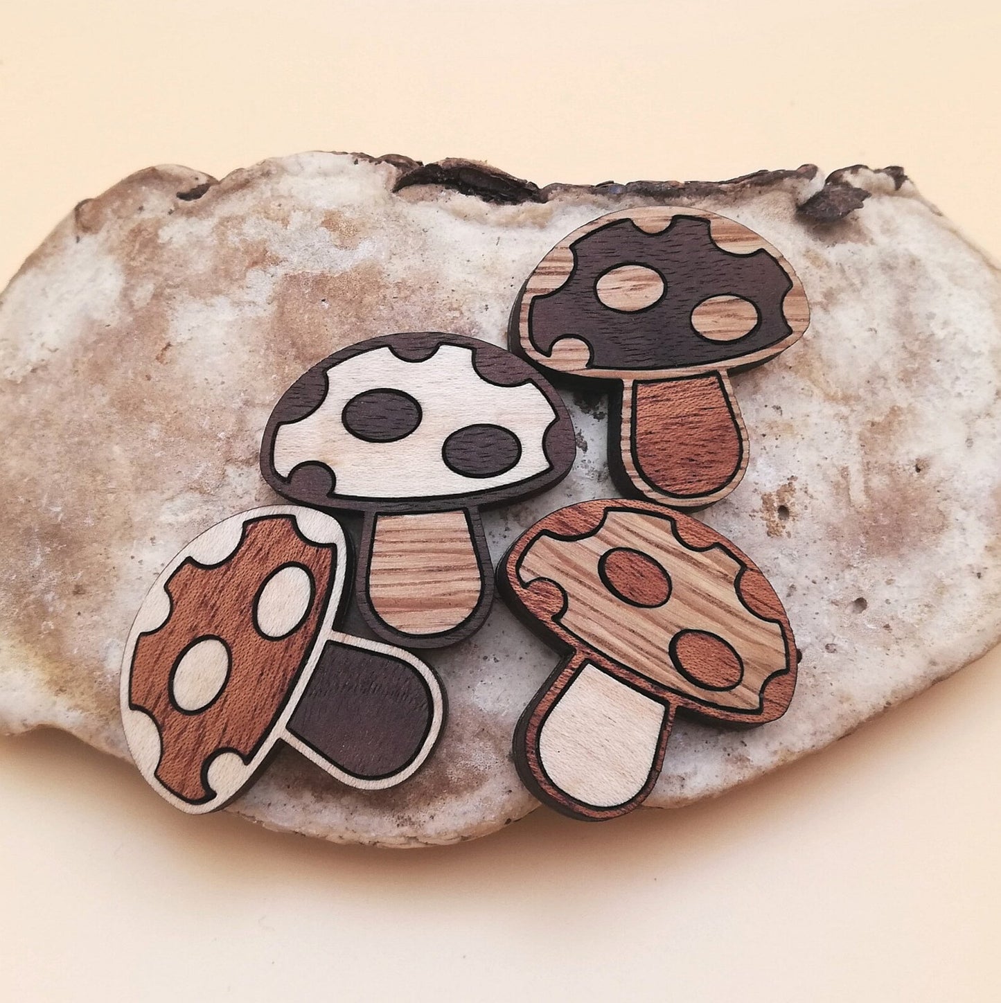 Wood Inlay Fridge Magnet Set: Mushrooms