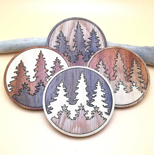 Wood Inlay Coaster Set: Forest Landscape