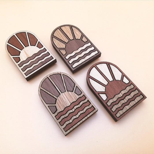Wood Inlay Fridge Magnet Set: Lake Sunrise
