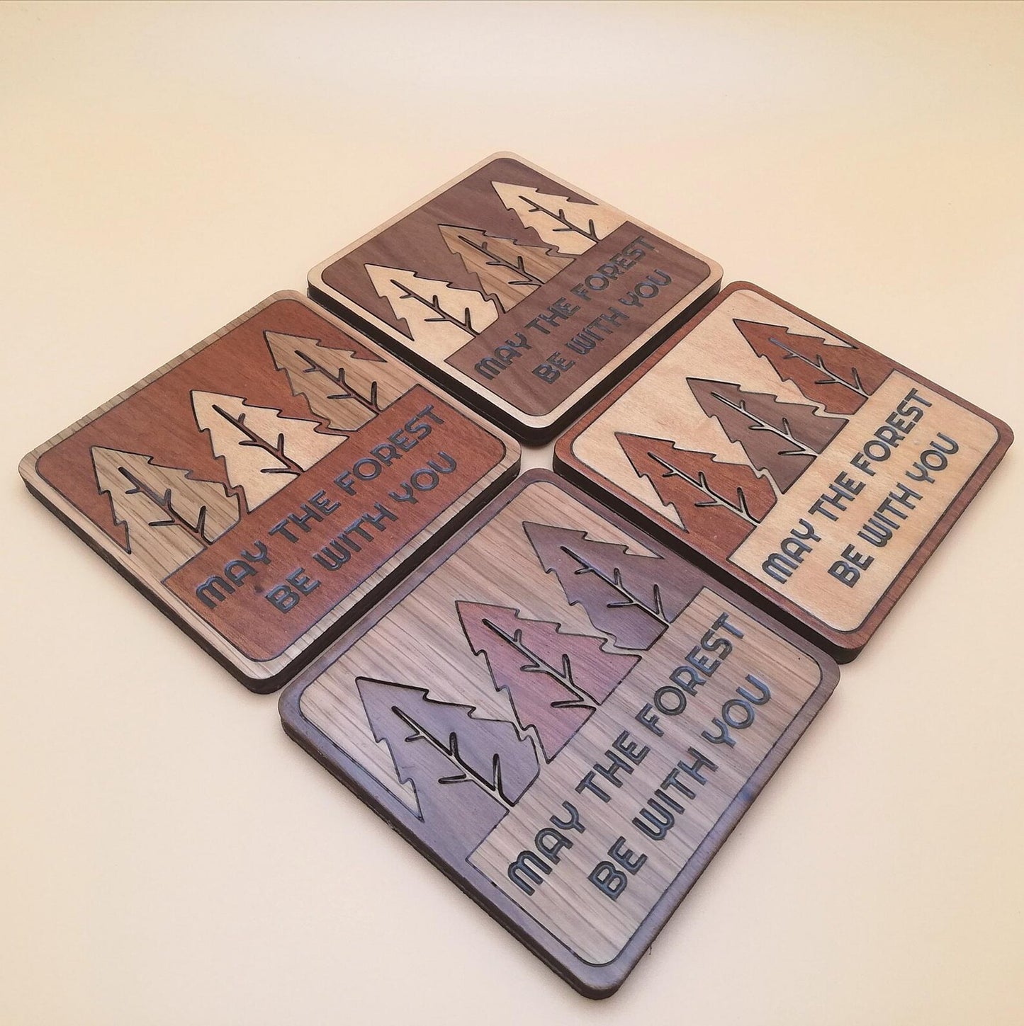 Wood Inlay Square Coaster Set: Rustic Forest
