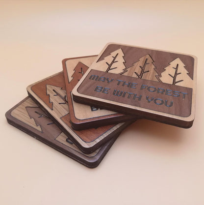 Wood Inlay Square Coaster Set: Rustic Forest