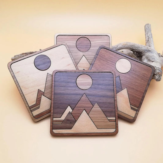 Wood Inlay Square Coaster Set: Mountains