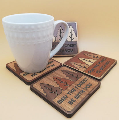 Wood Inlay Square Coaster Set: Rustic Forest