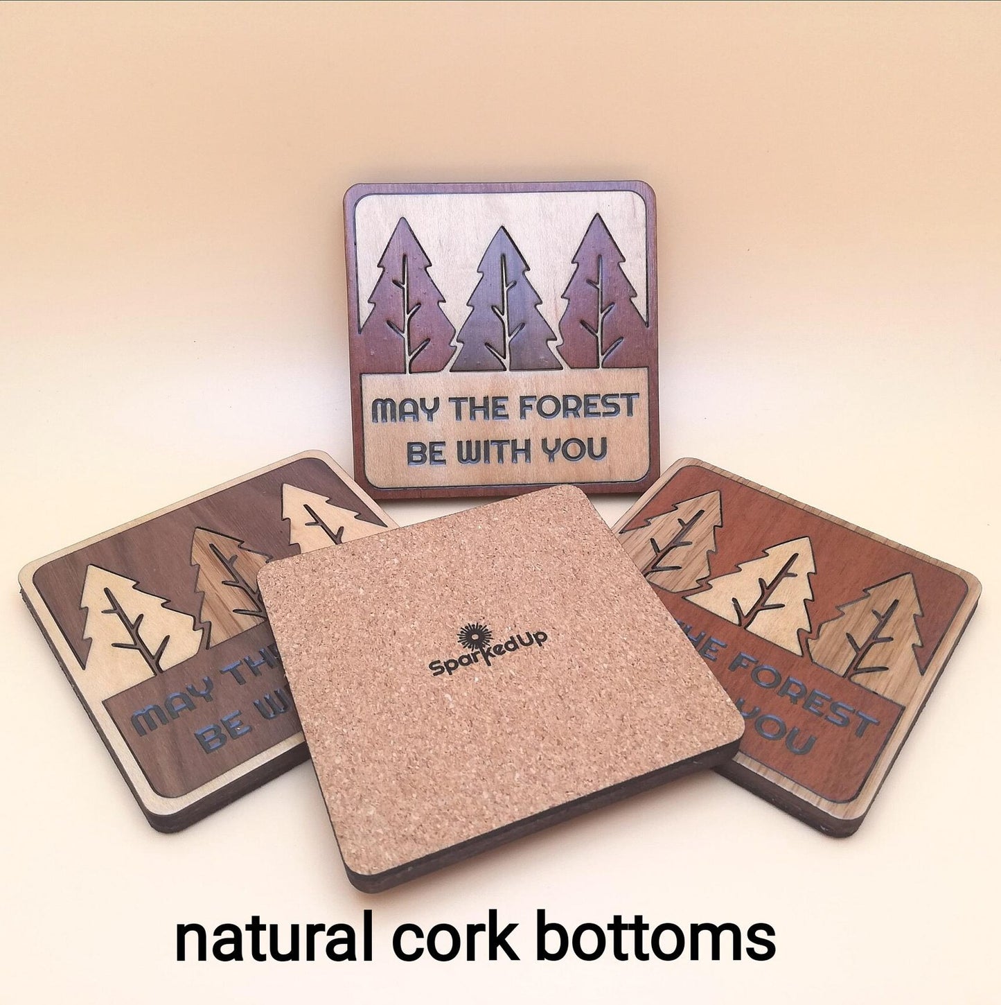 Wood Inlay Square Coaster Set: Rustic Forest