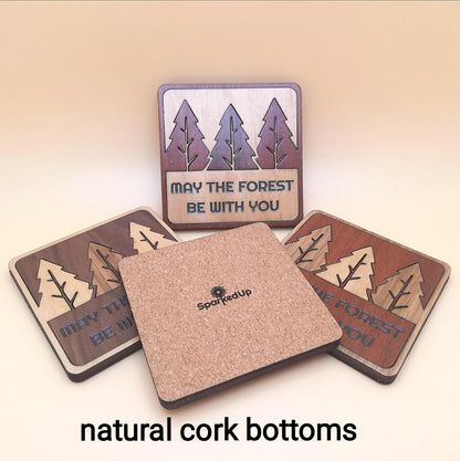 Wood Inlay Square Coaster Set: Rustic Forest