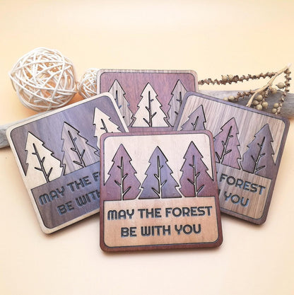 Wood Inlay Square Coaster Set: Rustic Forest