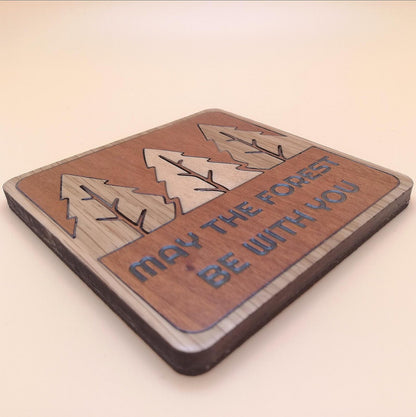 Wood Inlay Square Coaster Set: Rustic Forest