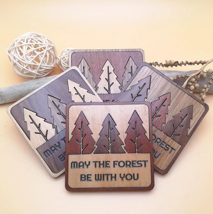Wood Inlay Square Coaster Set: Rustic Forest