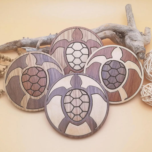 Wood Inlay Coaster Set: Turtles