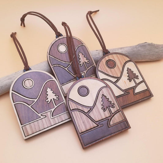 Wood Inlay Ornament Set: Landscape (tree, lake, mountain)