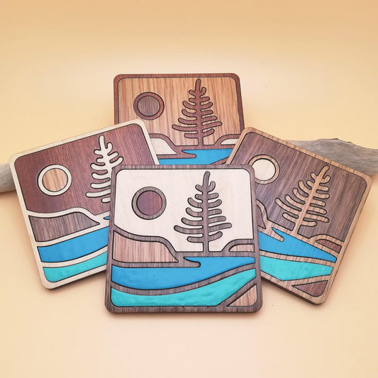 Wood Inlay Square Coaster Set: Blue Lake & Tree Landscape